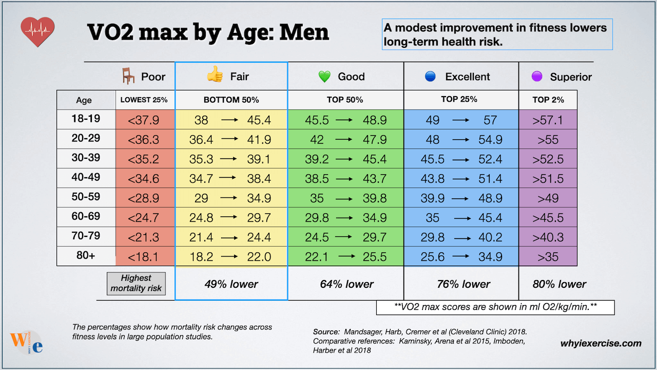 VO₂max reference values by age for men, with mortality risk reduction across fitness categories from Poor to Superior